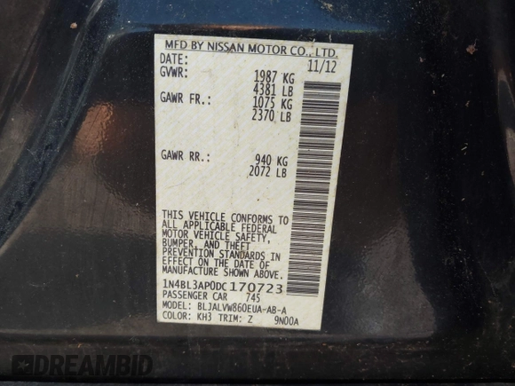 2013 Nissan Altima SL with VIN 1N4BL3AP0DC170723, listed as a IAAI auction lot 42177586 with 161,792 mi miles and . Bid and sale history available at DreamBid. Image 9.