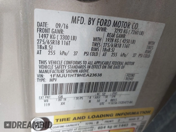 2017 Ford Expedition XLT with VIN 1FMJU1HT9HEA23638, listed as a IAAI auction lot 42130179 with Not provided miles and . Bid and sale history available at DreamBid. Image 9.