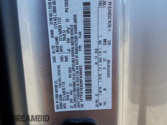 2022 Ford F-150 XL z VIN 1FTFX1E82NFA56603, wystawiony jako Copart lot #79810214 z przebiegiem 44 675 mil mil oraz Szkoda całkowita • Salvage title. Historia ofert i sprzedaży dostępna na DreamBid. Obrazek 13.