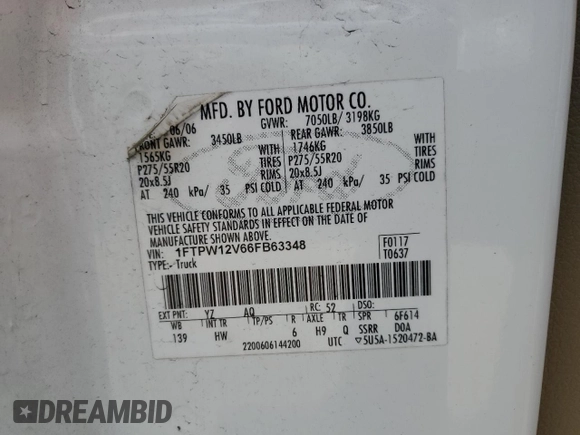 2006 Ford F-150 XLT z VIN 1FTPW12V66FB63348, wystawiony jako Copart lot #55059035 z przebiegiem 198 957 mil mil oraz Szkoda całkowita • Salvage title. Historia ofert i sprzedaży dostępna na DreamBid. Obrazek 12.