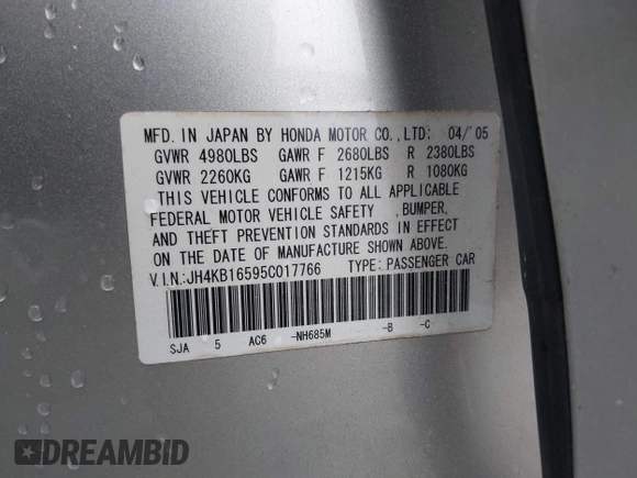 2005 Acura RL с VIN JH4KB16595C017766, выставлен на аукционе IAAI как лот 42209022 с пробегом 225 862 миль миль и . История ставок и продаж доступна на DreamBid. Изображение 9.