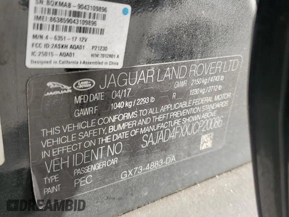 2018 Jaguar XE 25t Premium with VIN SAJAD4FXXJCP20086, listed as a Copart auction lot 78328724 with 105,887 mi miles and Salvage Title. Bid and sale history available at carsss.com. Image 12.