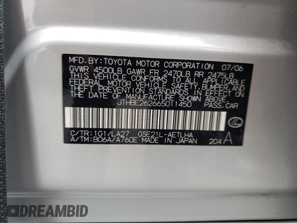 2006 Lexus IS 350 z VIN JTHBE262665011450, wystawiony jako Copart lot #55857015 z przebiegiem 141 735 mil mil oraz Szkoda całkowita • Salvage title. Historia ofert i sprzedaży dostępna na DreamBid. Obrazek 12.