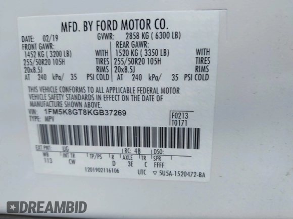 2019 Ford Explorer Sport with VIN 1FM5K8GT8KGB37269, listed as a IAAI auction lot 41914607 with Not Provided miles and . Bid and sale history available at carsss.com. Image 9.