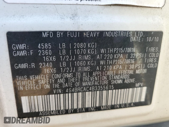 2011 Subaru Outback 2.5i z VIN 4S4BRCAC4B3355615, wystawiony jako Copart lot #56509775 z przebiegiem 139 596 mil mil oraz Czysty tytuł • Clean title. Historia ofert i sprzedaży dostępna na DreamBid. Obrazek 12.