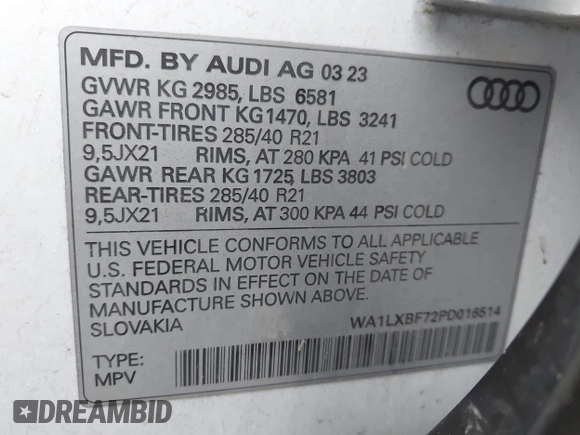 2023 Audi Q7 Premium Plus with VIN WA1LXBF72PD016514, listed as a IAAI auction lot 42422836 with 40,000 mi miles and . Bid and sale history available at DreamBid. Image 9.