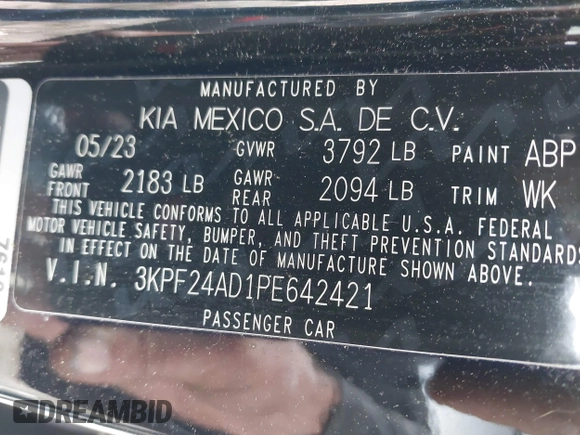 2023 Kia Forte LXS z VIN 3KPF24AD1PE642421, wystawiony jako IAAI lot #40528615 z przebiegiem 9 683 mil mil oraz . Historia ofert i sprzedaży dostępna na DreamBid. Obrazek 9.