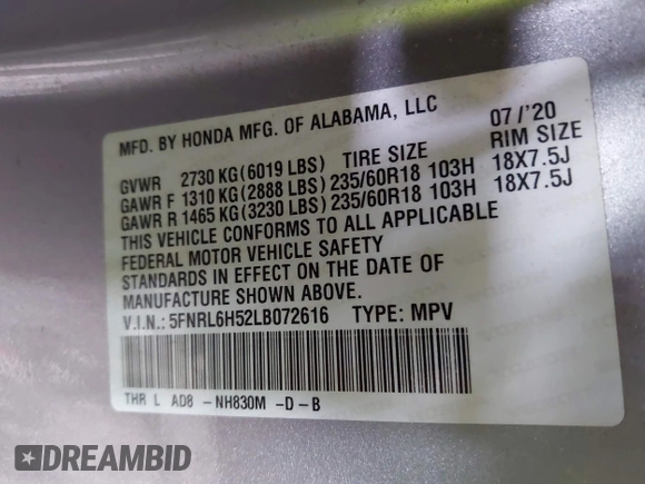 2020 Honda Odyssey EX with VIN 5FNRL6H52LB072616, listed as a IAAI auction lot 41475787 with 184,566 mi miles and . Bid and sale history available at DreamBid. Image 9.