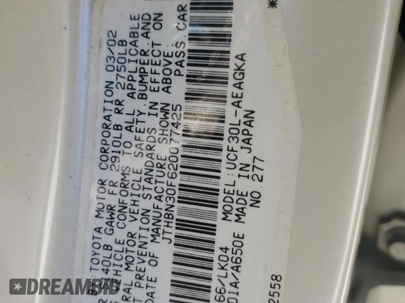 2002 Lexus LS 430 z VIN JTHBN30F620077425, wystawiony jako Copart lot #54665525 z przebiegiem 275 480 mil mil oraz Szkoda całkowita • Salvage title. Historia ofert i sprzedaży dostępna na DreamBid. Obrazek 12.
