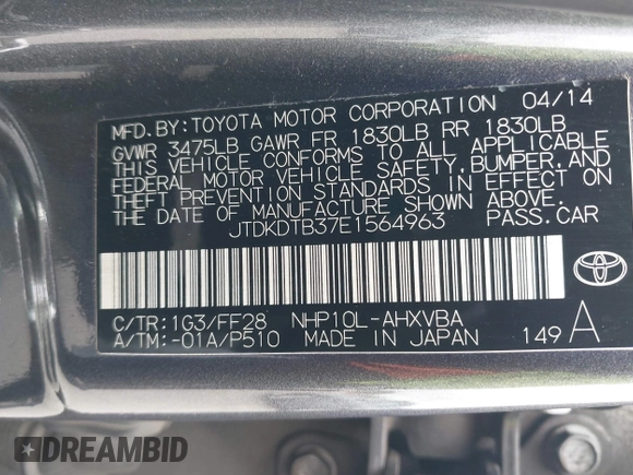 2014 Toyota Prius One with VIN JTDKDTB37E1564963, listed as a IAAI auction lot 42054591 with 186,680 mi miles and . Bid and sale history available at DreamBid. Image 9.
