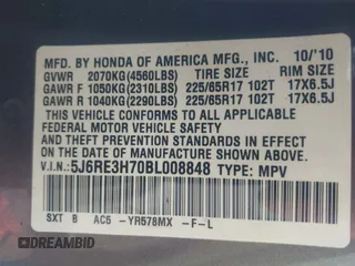 2011 Honda CR-V EX-L with VIN 5J6RE3H70BL008848, listed as a IAAI auction lot 42046445 with 156,240 mi miles. Bid and sale history available at carsss.com. Image 9.