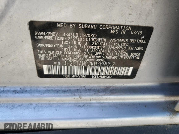 2019 Subaru Crosstrek Limited with VIN JF2GTANC2KH369852, listed as a Copart auction lot 57265235 with Not provided miles and Salvage title. Bid and sale history available at DreamBid. Image 13.