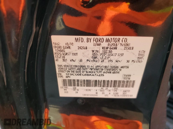 2011 Ford Escape Limited with VIN 1FMCU0EG5BKA72225, listed as a Copart auction lot 59972475 with 206,336 mi miles and Salvage title. Bid and sale history available at DreamBid. Image 13.
