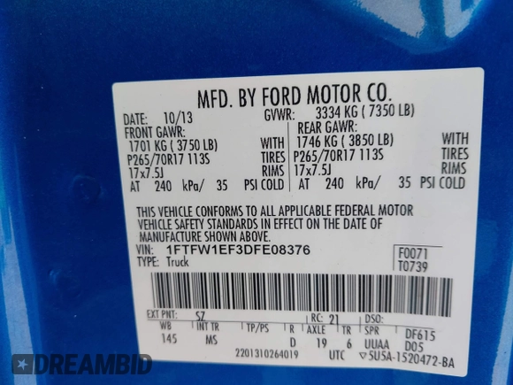 2013 Ford F-150 XL with VIN 1FTFW1EF3DFE08376, listed as a IAAI auction lot 42624045 with 189,635 mi miles and . Bid and sale history available at DreamBid. Image 9.