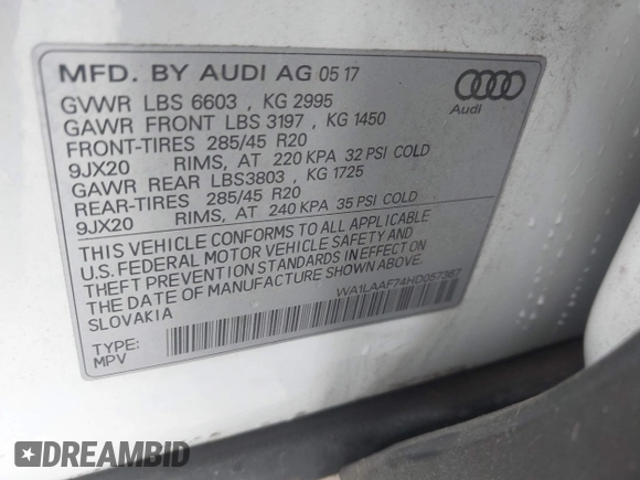 2017 Audi Q7 Premium Plus z VIN WA1LAAF74HD057367, wystawiony jako IAAI lot #42649847 z przebiegiem 90 204 mil mil oraz . Historia ofert i sprzedaży dostępna na DreamBid. Obrazek 9.