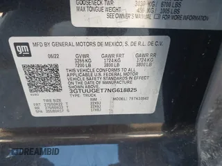 2022 GMC Sierra 1500 with VIN 3GTUUGET7NG618825, listed as a IAAI auction lot 41342828 with Not Provided miles and . Bid and sale history available at DreamBid. Image 9.