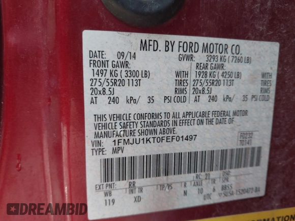 2015 Ford Expedition Limited with VIN 1FMJU1KT0FEF01497, listed as a IAAI auction lot 41536819 with 126,080 mi miles and . Bid and sale history available at DreamBid. Image 9.