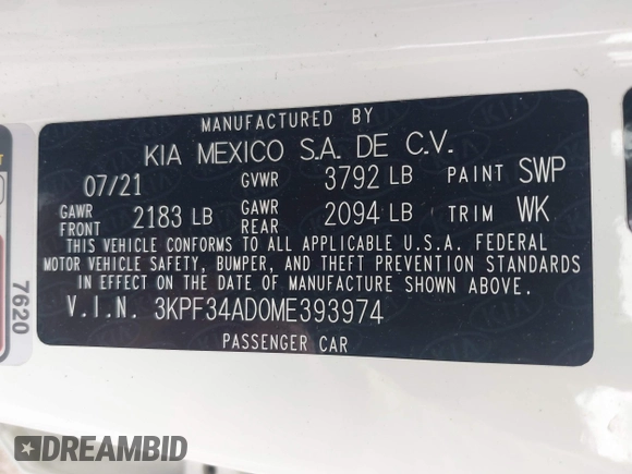 2021 Kia Forte GT-Line z VIN 3KPF34AD0ME393974, wystawiony jako IAAI lot #41953374 z przebiegiem 60 311 mil mil oraz . Historia ofert i sprzedaży dostępna na DreamBid. Obrazek 9.