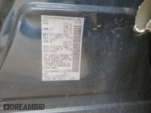 2014 Nissan Pathfinder S z VIN 5N1AR2MM1EC735798, wystawiony jako Copart lot #57267215 z przebiegiem 124 115 mil mil oraz Szkoda całkowita • Salvage title. Historia ofert i sprzedaży dostępna na DreamBid. Obrazek 14.