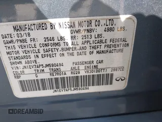 2018 Infiniti Q50 Luxe with VIN JN1EV7AP5JM590494, listed as a IAAI auction lot 41936520 with 101,580 mi miles and . Bid and sale history available at carsss.com. Image 9.
