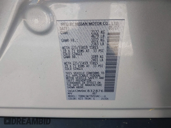 2017 Nissan Rogue SV with VIN 5N1AT2MV0HC832876, listed as a IAAI auction lot 42389131 with 73,856 mi miles and . Bid and sale history available at DreamBid. Image 9.