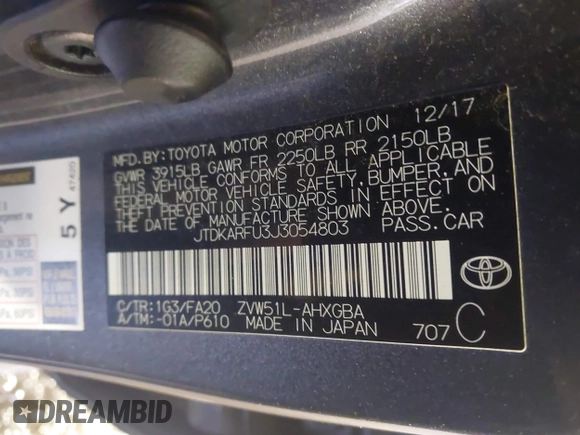 2018 Toyota Prius Two with VIN JTDKARFU3J3054803, listed as a IAAI auction lot 41442350 with 61,989 mi miles. Bid and sale history available at carsss.com. Image 9.