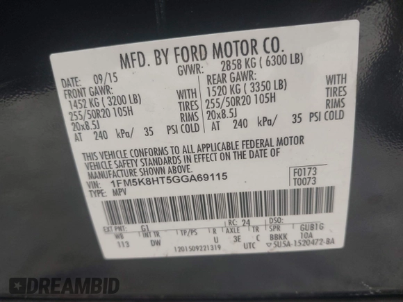 2016 Ford Explorer Platinum with VIN 1FM5K8HT5GGA69115, listed as a IAAI auction lot 42293262 with Not provided miles and . Bid and sale history available at DreamBid. Image 9.