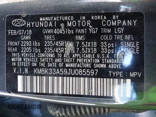 2018 Hyundai Kona Limited with VIN KM8K33A59JU085597, listed as a IAAI auction lot 41804485 with 142,172 mi miles. Bid and sale history available at carsss.com. Image 9.
