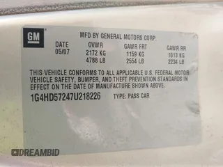 2007 Buick Lucerne CXL with VIN 1G4HD57247U218226, listed as a IAAI auction lot 40508642 with 185,398 mi miles and . Bid and sale history available at DreamBid. Image 9.