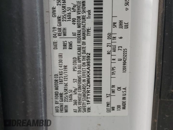 2019 Ford Transit с VIN 1FTYR1ZM6KKA98592, выставлен на аукционе Copart как лот 87355494 с пробегом Не указан миль и Списание • Salvage title. История ставок и продаж доступна на DreamBid. Изображение 13.