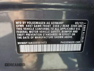 2013 Volkswagen CC R-Line with VIN WVWBP7AN2DE501472, listed as a Copart auction lot 67165124 with 101,033 mi miles and Salvage Title. Bid and sale history available at DreamBid. Image 12.