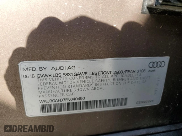 2015 Audi A8 3.0T with VIN WAU3GAFD7FN040450, listed as a Copart auction lot 52540785 with Not provided miles and Salvage title. Bid and sale history available at DreamBid. Image 12.