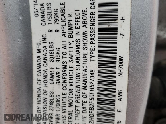 2014 Honda Civic LX z VIN 2HGFB2F50EH527348, wystawiony jako Copart lot #54311295 z przebiegiem 82 580 mil mil oraz Szkoda całkowita • Salvage title. Historia ofert i sprzedaży dostępna na DreamBid. Obrazek 13.