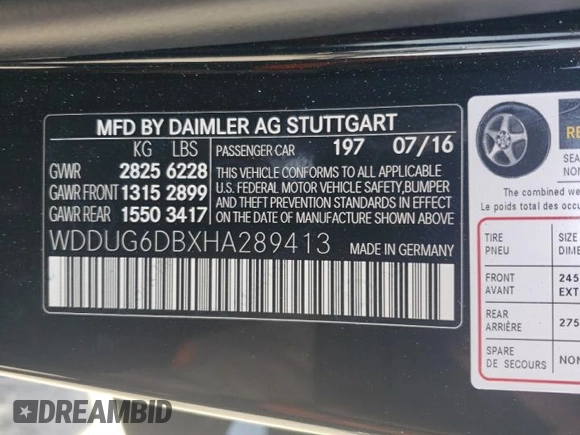2017 Mercedes-Benz S 550e with VIN WDDUG6DBXHA289413, listed as a Copart auction lot 60136854 with 46,405 mi miles and Salvage Title. Bid and sale history available at DreamBid. Image 12.