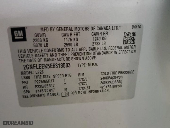 2014 Chevrolet Equinox LS with VIN 2GNFLEEK5E6318503, listed as a Copart auction lot 54343445 with 105,161 mi miles and Clean Title. Bid and sale history available at carsss.com. Image 13.