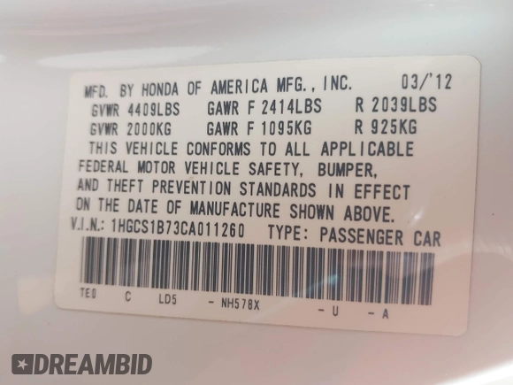 2012 Honda Accord EX with VIN 1HGCS1B73CA011260, listed as a IAAI auction lot 42180968 with 93,317 mi miles and . Bid and sale history available at DreamBid. Image 9.