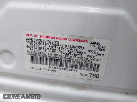 2016 Mitsubishi Outlander ES with VIN JA4AD2A34GZ043074, listed as a IAAI auction lot 41699935 with Not provided miles and . Bid and sale history available at DreamBid. Image 9.