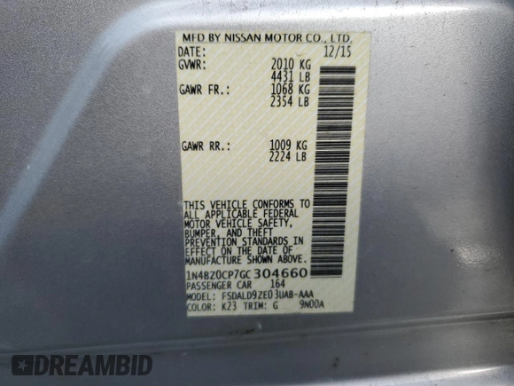 2016 Nissan LEAF S with VIN 1N4BZ0CP7GC304660, listed as a Copart auction lot 69838953 with 57,938 mi miles. Bid and sale history available at carsss.com. Image 12.