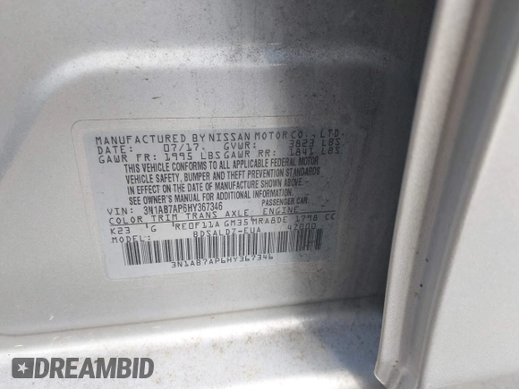 2017 Nissan Sentra SR z VIN 3N1AB7AP6HY367346, wystawiony jako IAAI lot #42348441 z przebiegiem 132 972 mil mil oraz . Historia ofert i sprzedaży dostępna na DreamBid. Obrazek 9.