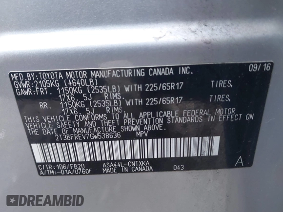 2016 Toyota RAV4 LE with VIN 2T3BFREV7GW538636, listed as a IAAI auction lot 41740617 with 59,102 mi miles. Bid and sale history available at carsss.com. Image 9.