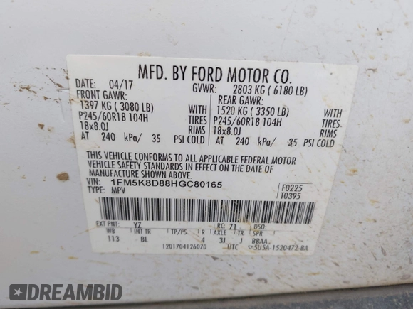 2017 Ford Explorer XLT with VIN 1FM5K8D88HGC80165, listed as a IAAI auction lot 42178307 with 234,035 mi miles and . Bid and sale history available at DreamBid. Image 9.