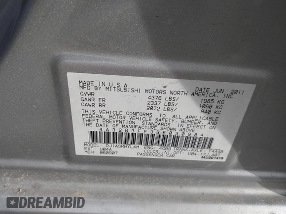 2011 Mitsubishi Galant ES with VIN 4A32B3FF3BE030984, listed as a IAAI auction lot 41491830 with 131,782 mi miles. Bid and sale history available at carsss.com. Image 9.