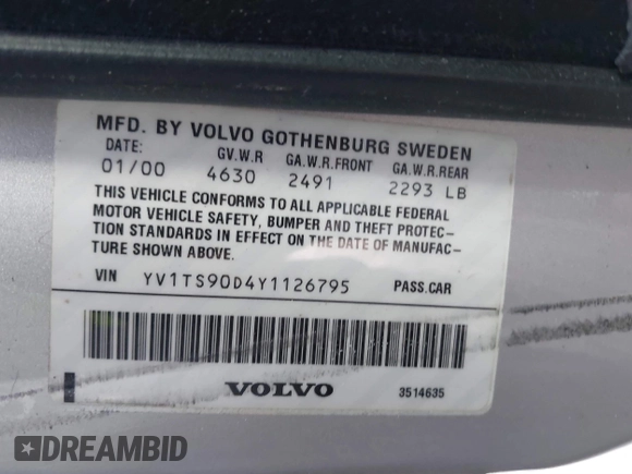 2000 Volvo S80 with VIN YV1TS90D4Y1126795, listed as a IAAI auction lot 41702262 with 116,955 mi miles. Bid and sale history available at carsss.com. Image 9.