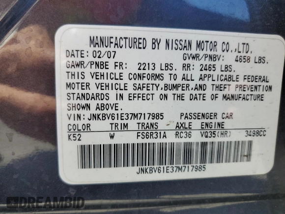 2007 Infiniti G35 Journey with VIN JNKBV61E37M717985, listed as a Copart auction lot 72653114 with 180,136 mi miles and Salvage Title. Bid and sale history available at DreamBid. Image 12.
