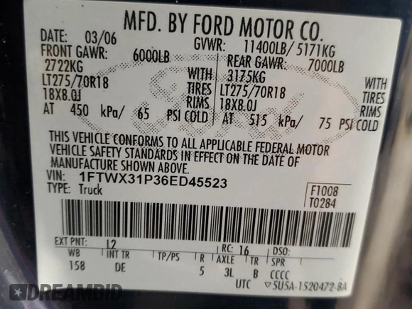 2006 Ford F-350 XL with VIN 1FTWX31P36ED45523, listed as a Copart auction lot 88756555 with 122,702 mi miles and Salvage title. Bid and sale history available at DreamBid. Image 13.