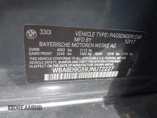 2018 BMW 3 Series 330i xDrive with VIN WBA8D9G59JNU72227, listed as a IAAI auction lot 41463619 with 79,987 mi miles and . Bid and sale history available at DreamBid. Image 9.