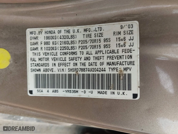 2004 Honda CR-V EX with VIN SHSRD78874U204244, listed as a IAAI auction lot 41921450 with 231,277 mi miles. Bid and sale history available at carsss.com. Image 9.