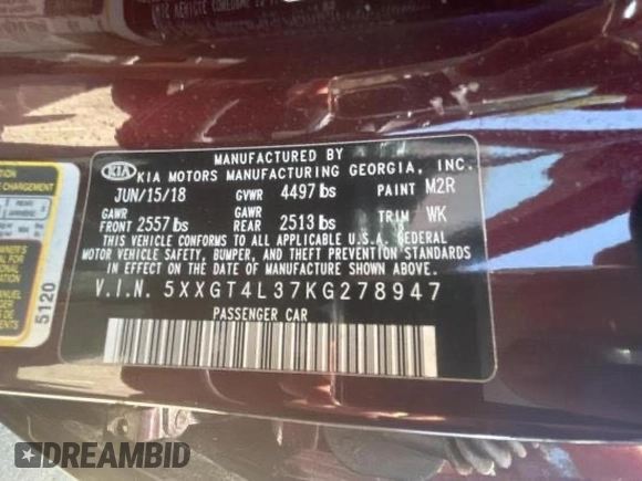 2019 Kia Optima LX z VIN 5XXGT4L37KG278947, wystawiony jako Copart lot #62181475 z przebiegiem 60 003 mil mil oraz Szkoda całkowita • Salvage title. Historia ofert i sprzedaży dostępna na DreamBid. Obrazek 10.