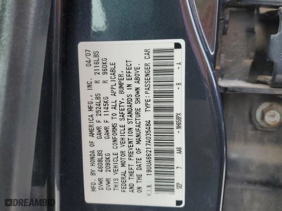 2007 Acura TL with VIN 19UUA66217A035484, listed as a Copart auction lot 46037885 with NaN miles and Salvage Title. Bid and sale history available at carsss.com. Image 12.