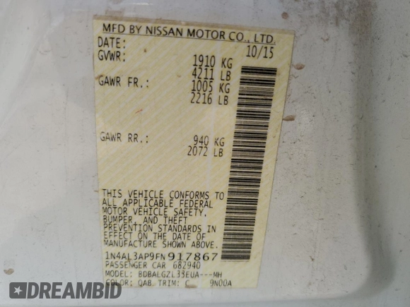 2015 Nissan Altima 2.5 with VIN 1N4AL3AP9FN917867, listed as a Copart auction lot 58353175 with 136,972 mi miles and Salvage title. Bid and sale history available at DreamBid. Image 12.